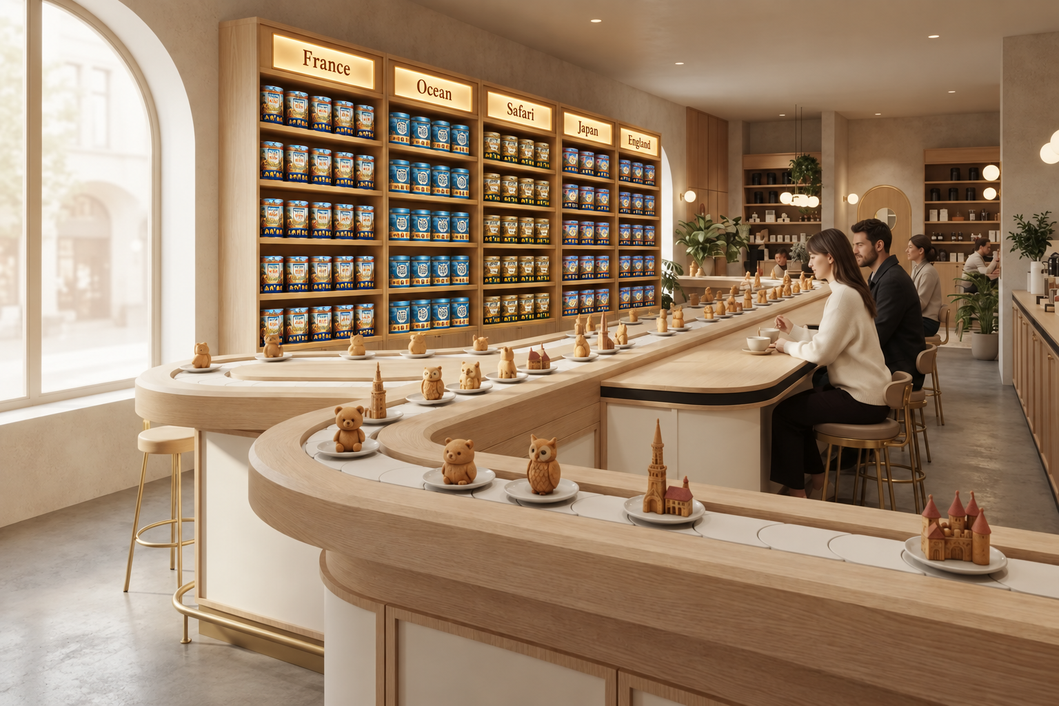 DOOBY flagship café concept — straight, stocked world cabinets and voyage band